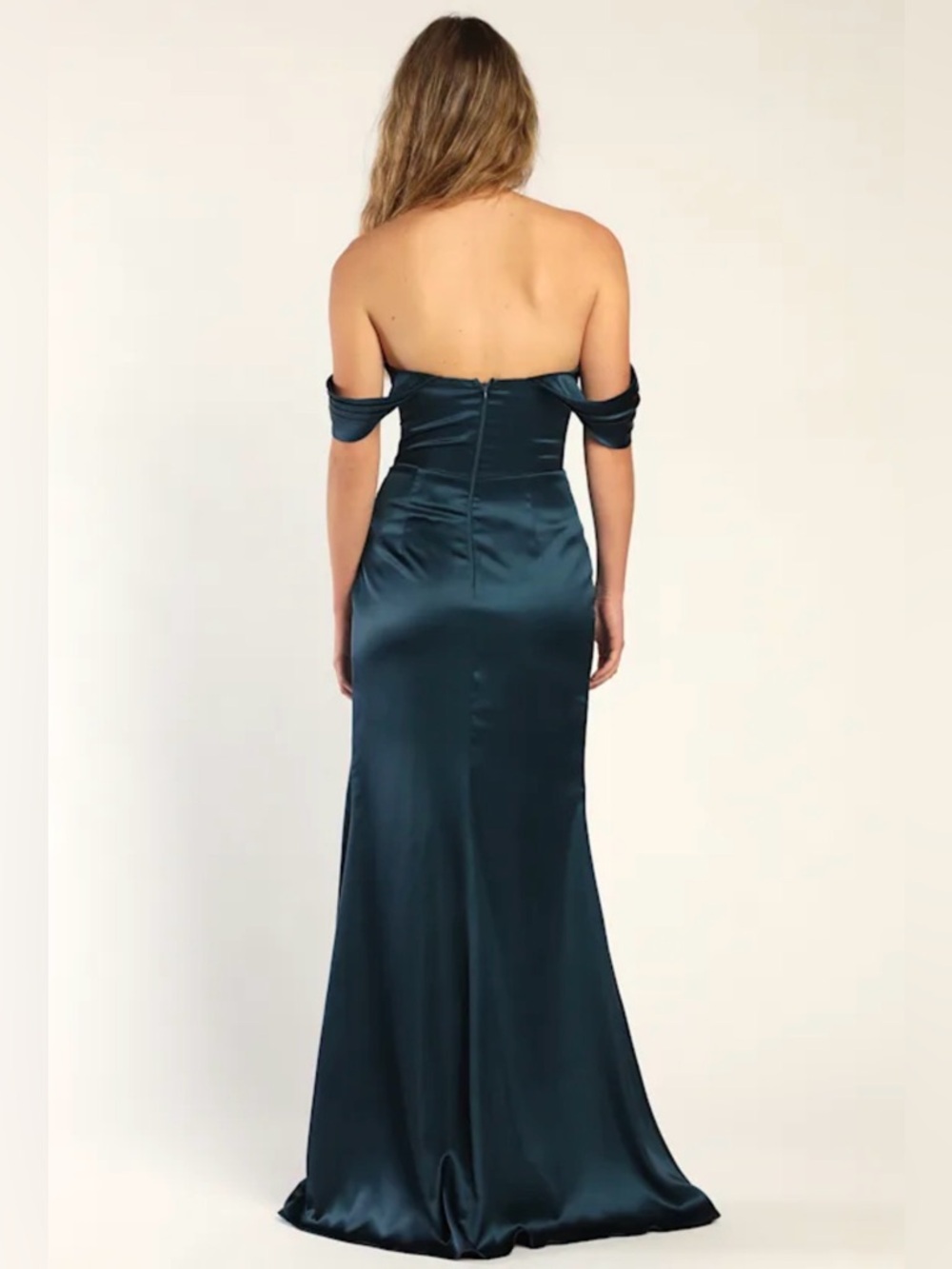 NWT Satin Dark Teal Off-Shoulder Front Leg Slit Formal Prom Dress Small - Picture 2 of 14